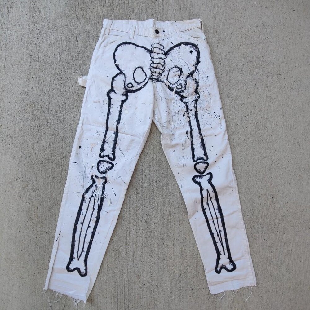 Custom reworked 'Dickies' skeleton white flared painter pants men's size 31